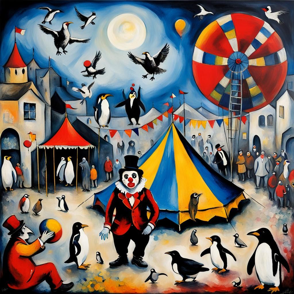 Circus Scene in Chagall Style with Surreal Elements