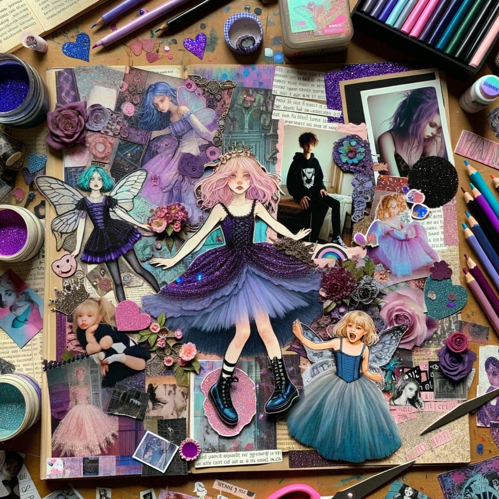 Whimsical Scrapbook Collage in Purple and Blue