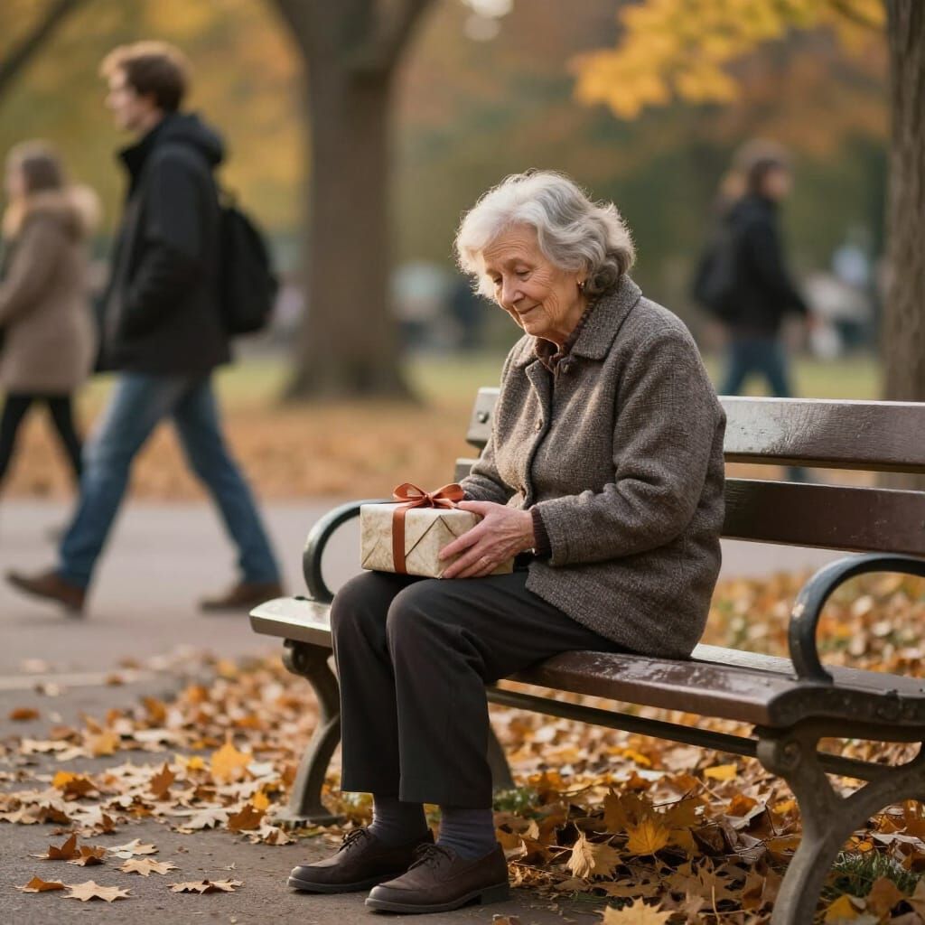 Elderly Woman with Gift on Autumn Bench