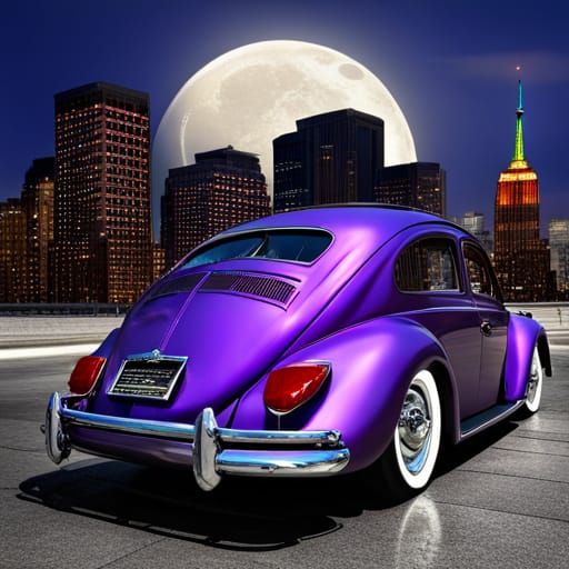 Purple Volkswagen Beetle in Moonlit New York