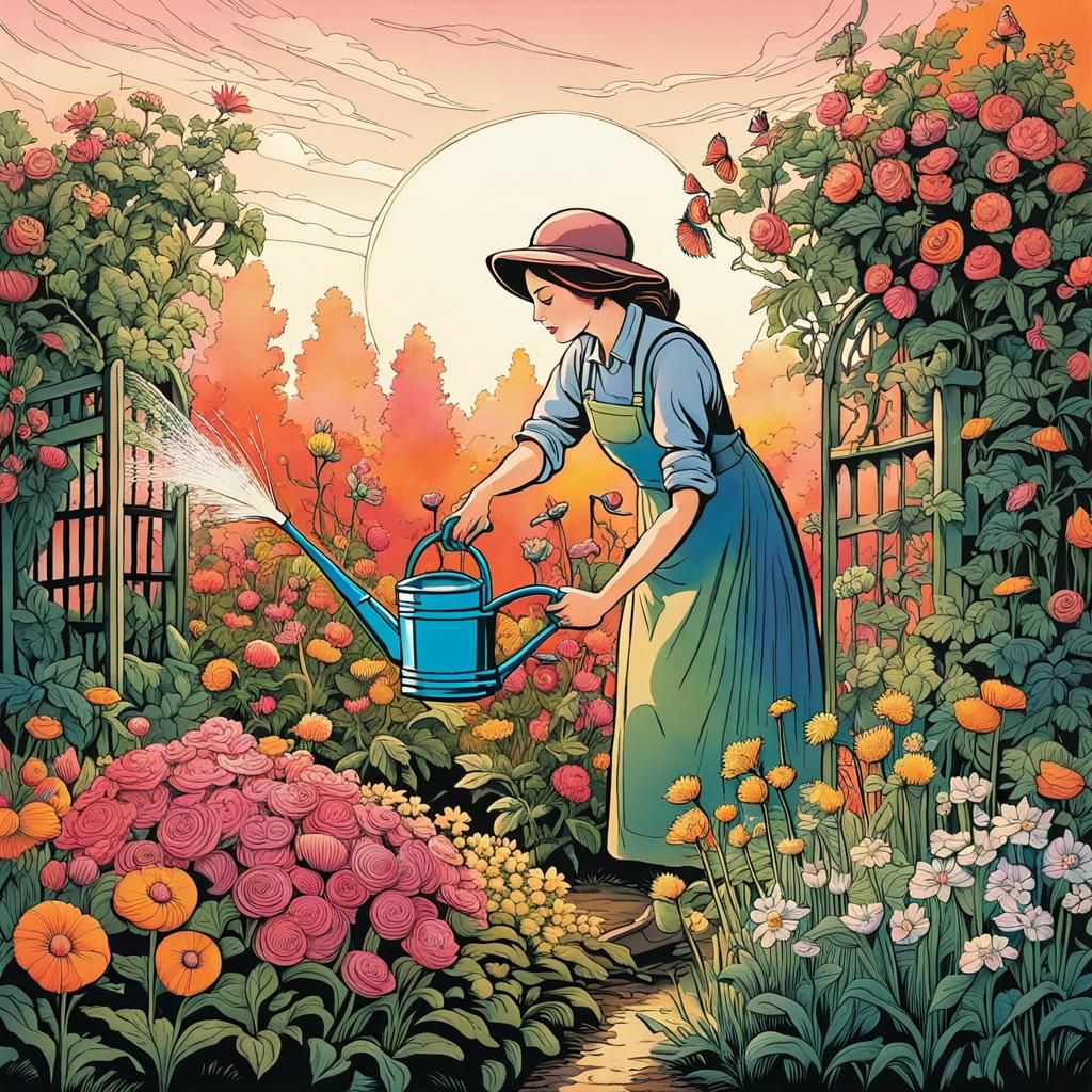 Young Gardener Waters Flowers: Ink Painting Illustration