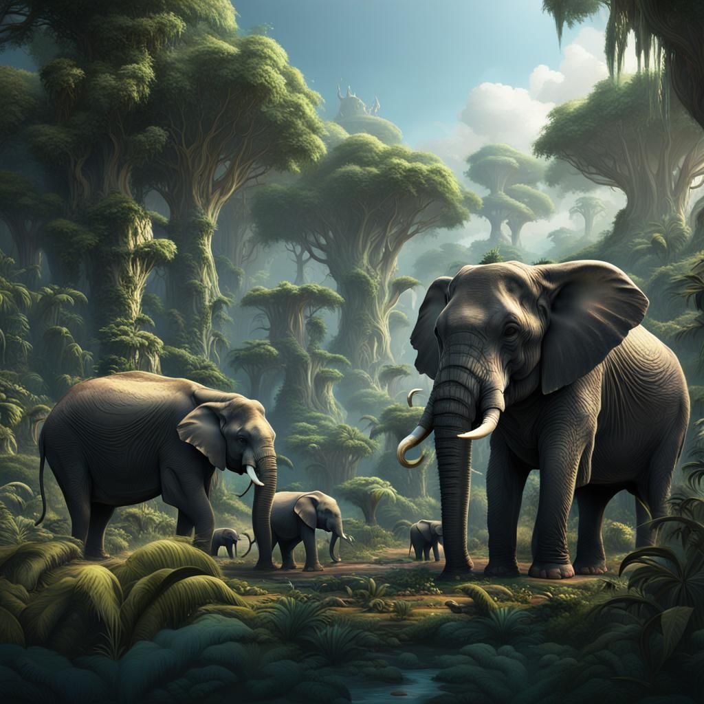 Elephant Family in Jungle: Detailed Matte Painting