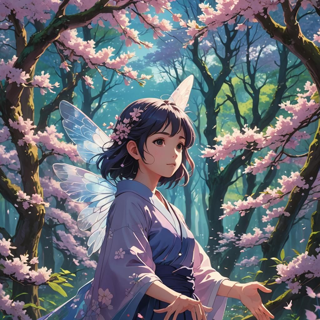 Spring Fae in Lush Forest: Anime Concept Art