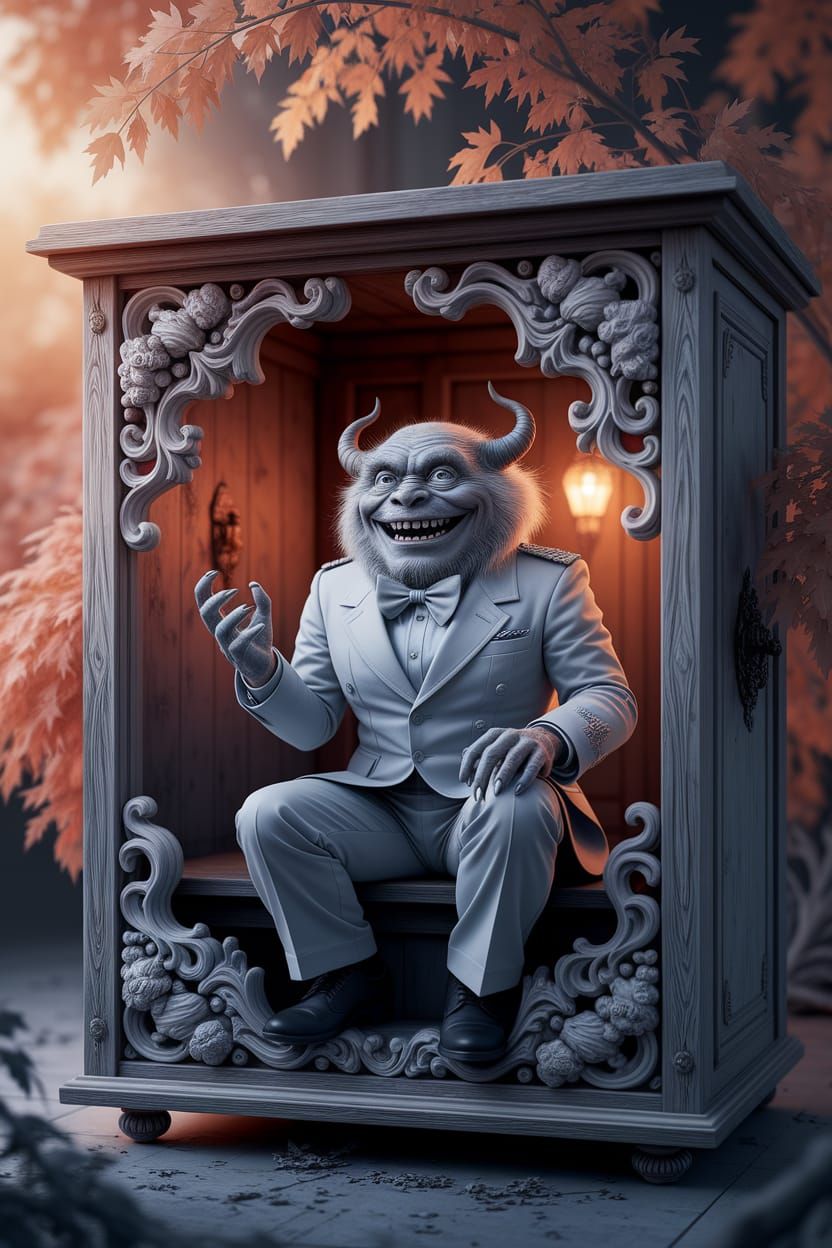 Grinning Monster in Wooden Box: Charcoal Drawing