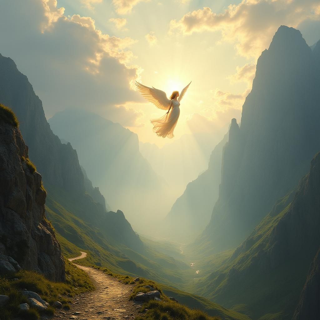 Mountain Valley Angel Descending, Ethereal Pre-Raphaelite St...