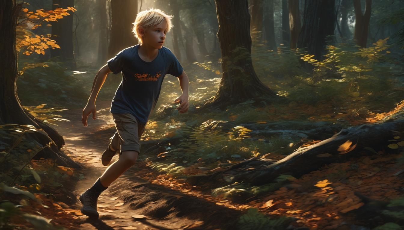Boy Running Through Forest in Vibrant Digital Art