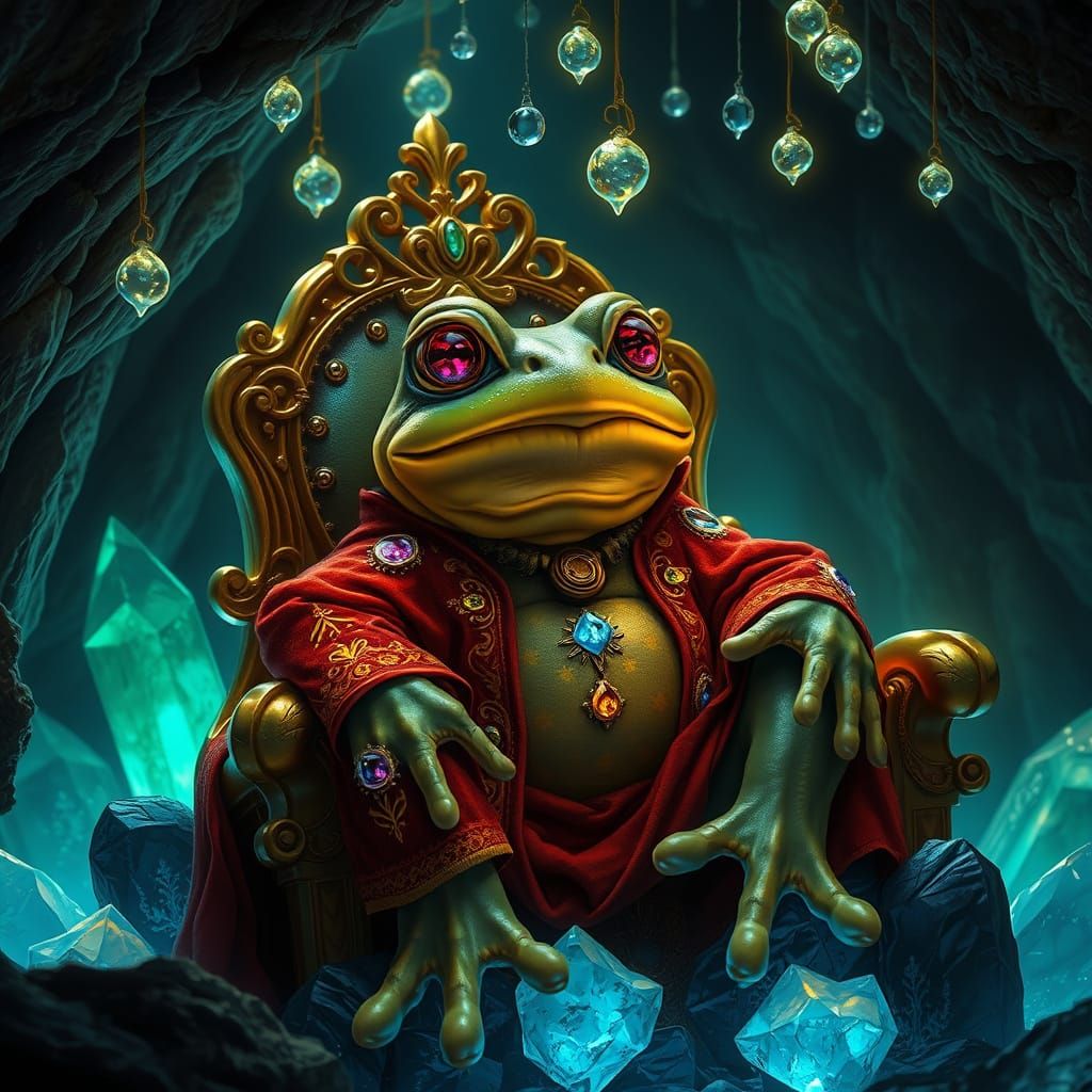 Regal Frog on Crystal Throne in Mystical Grotto