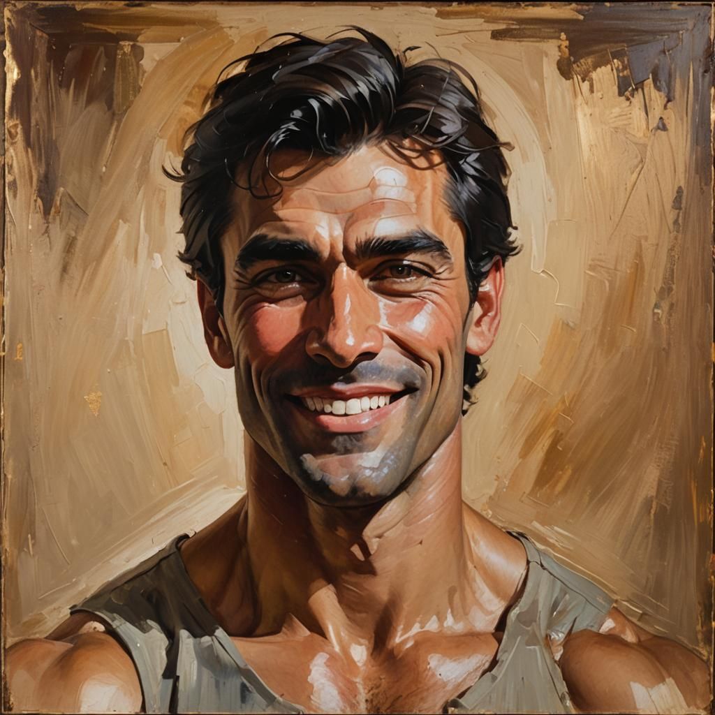 Handsome Man with Mischievous Grin, as Oil Painting
