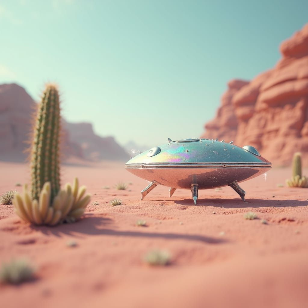 Ethereal Pink Desert Oasis with Iridescent Spaceship