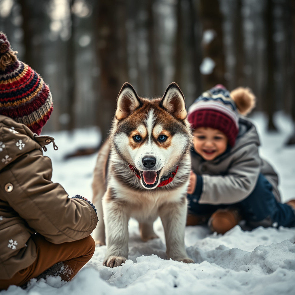 Husky Puppy Plays with Children in Winter Forest
