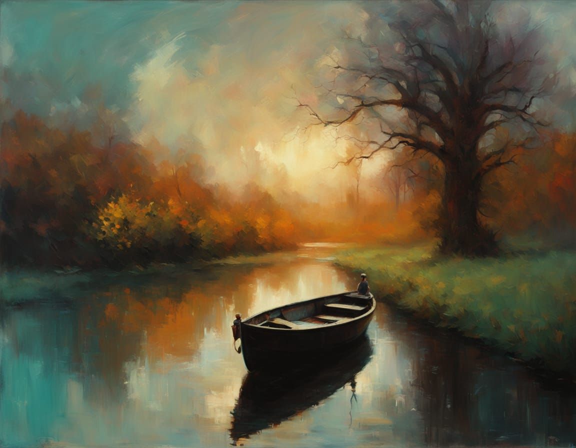 Dreamlike Boat on River in Moody Teal and Orange