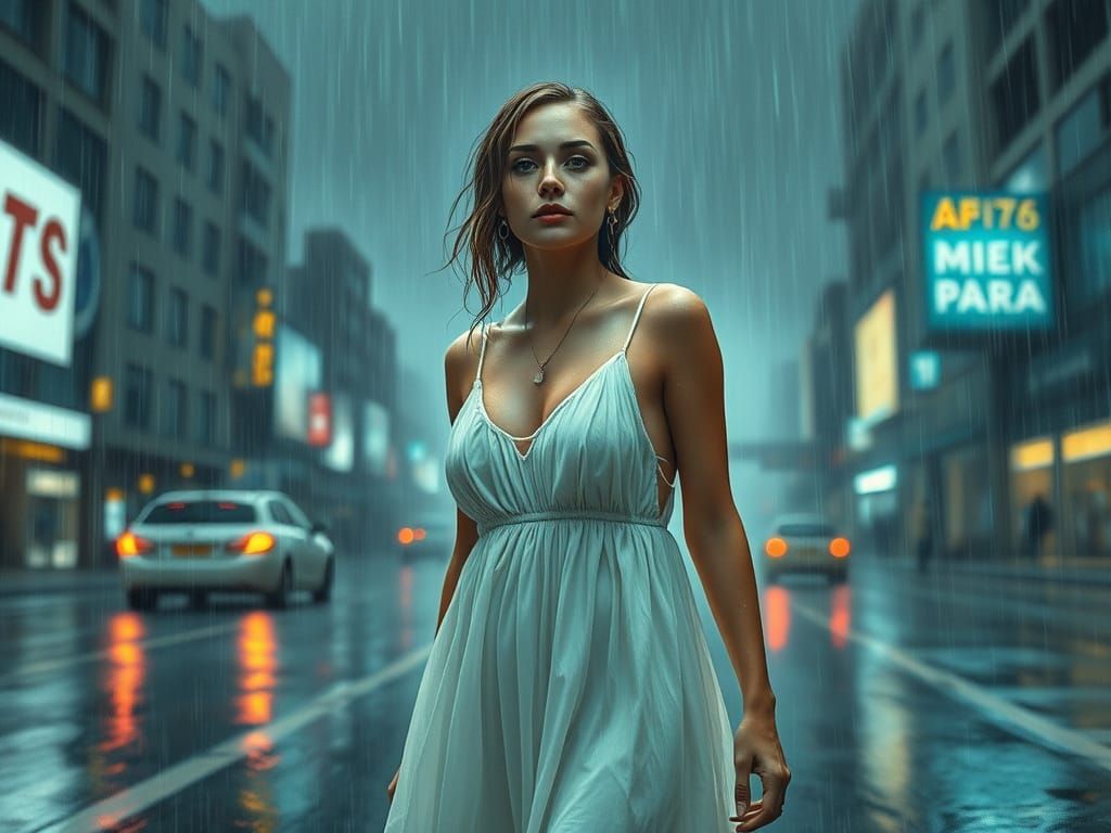 Woman in Rainy Streets, Dreamy Realism Style