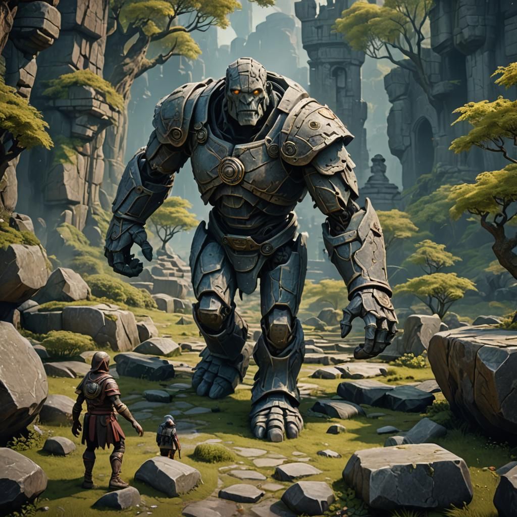 Stone Golem Walks: Detailed Fantasy Concept Art