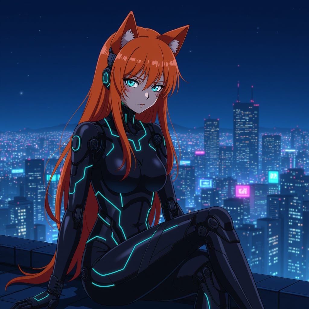 Melancholic Anime Cyborg in Cyberpunk City at Night