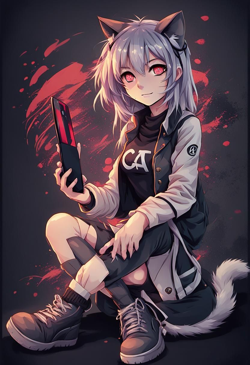Anime Catgirl with Phone, Danganronpa Digital Art