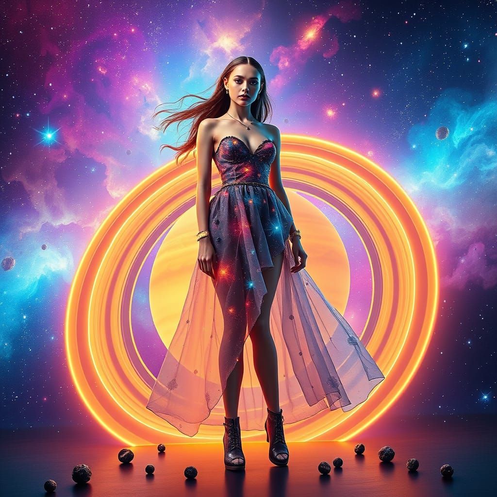 Model in Saturn Ring Dress Amidst Starry Cosmos
