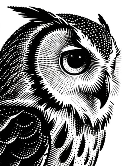 Create a detailed stippling artwork that uses countless equal minimal dots to form a captivating owl. The design should ...