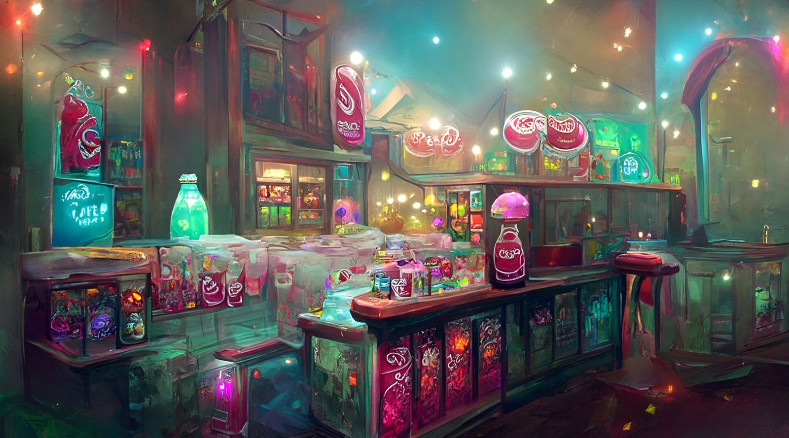 Enigmatic Soda Shop at Night: Detailed Painting