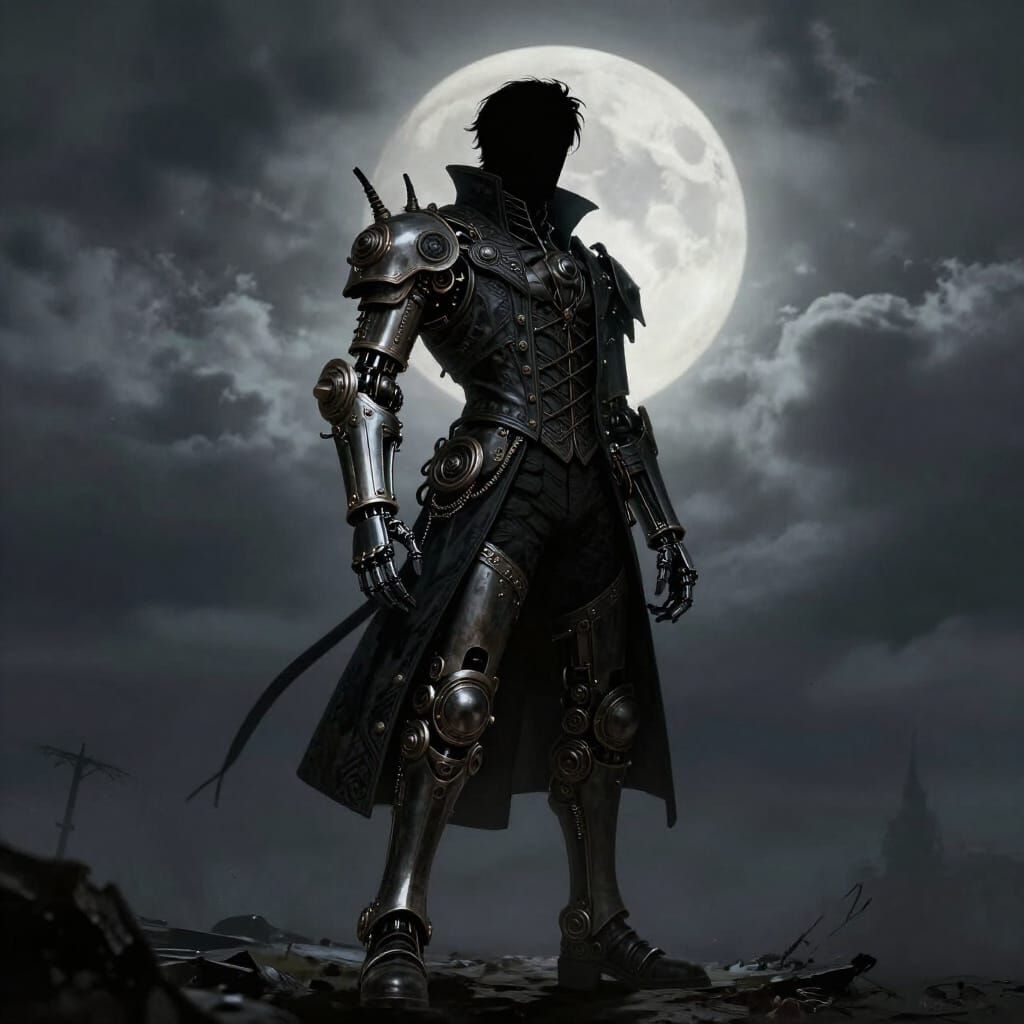 Gothic Man With Steampunk Prosthetics Under Moonlight