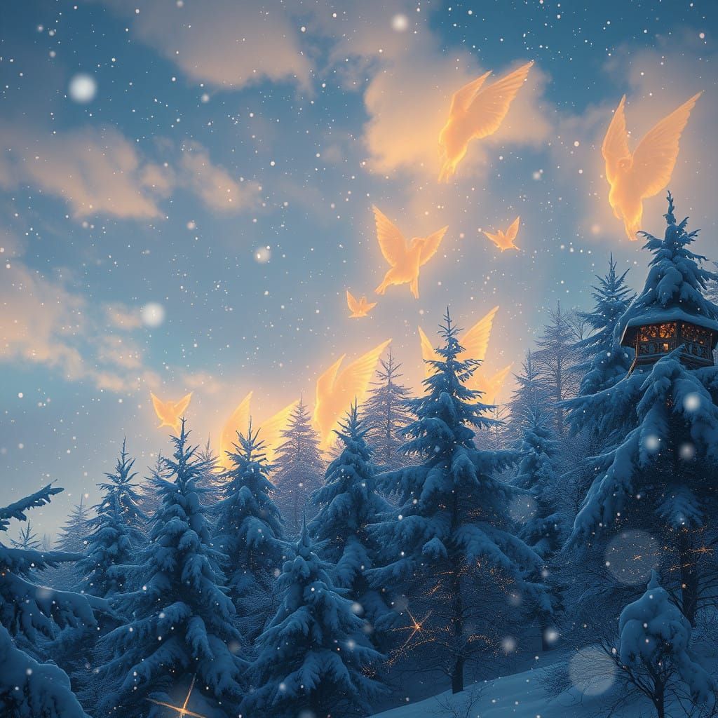 Enchanted Winter Wonderland with Angels Amidst Falling Snow