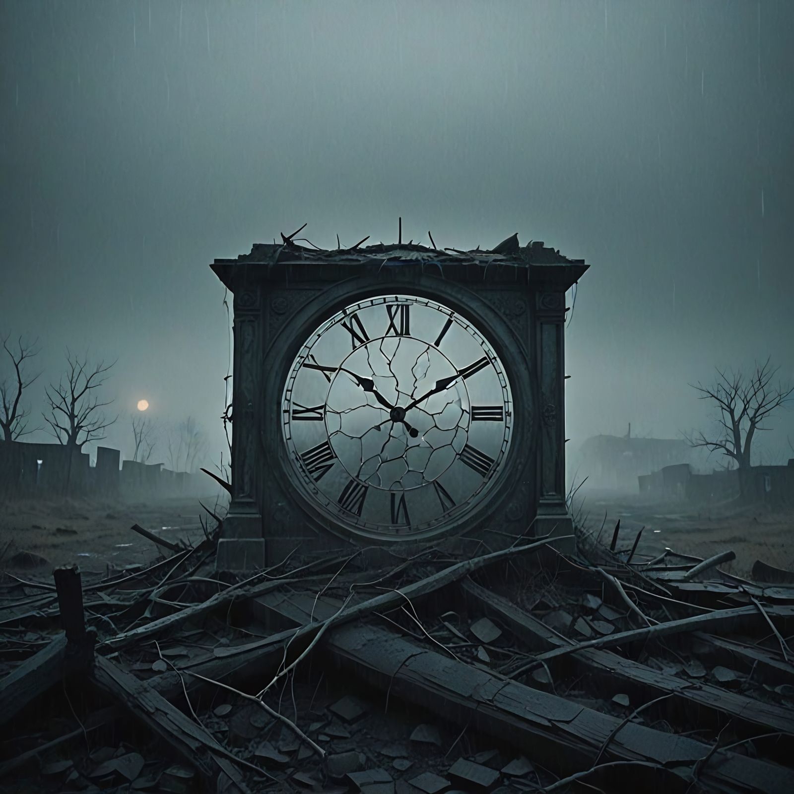 Surreal Desolate Landscape with Cracked Clock