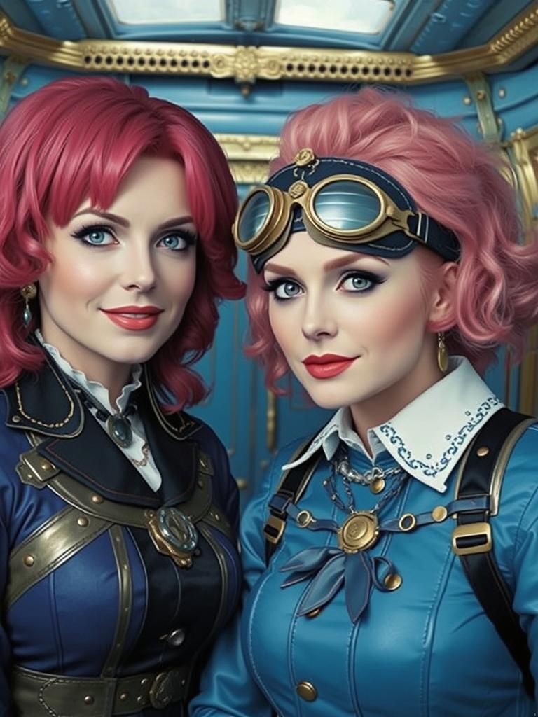 Steampunk Flight Attendants in Vaporwave Airship Cabin