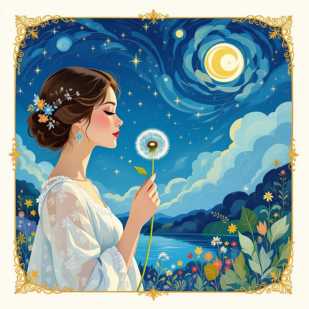 Impressionistic Serenity: Woman with Dandelion Under Starry ...