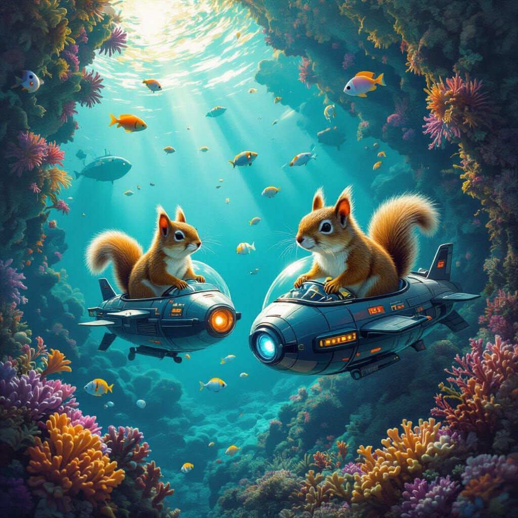 Squirrel Submarine Expedition on Bioluminescent Ocean Planet