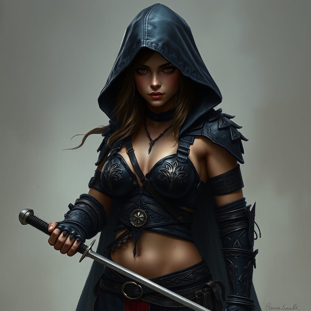 Dark Fantasy Assassin in Leather Armor with Sword