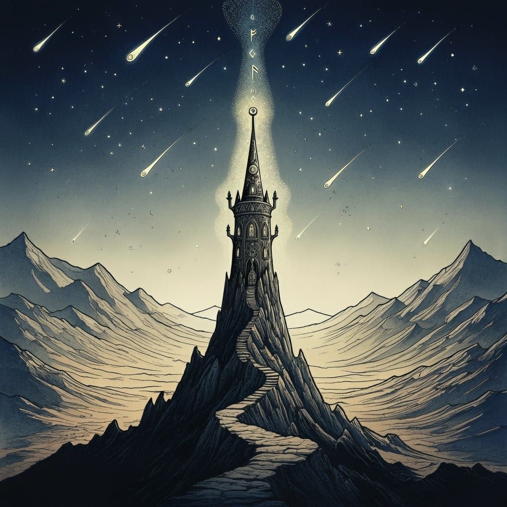 Wizard's Spire at Night in Czech Art Nouveau Style
