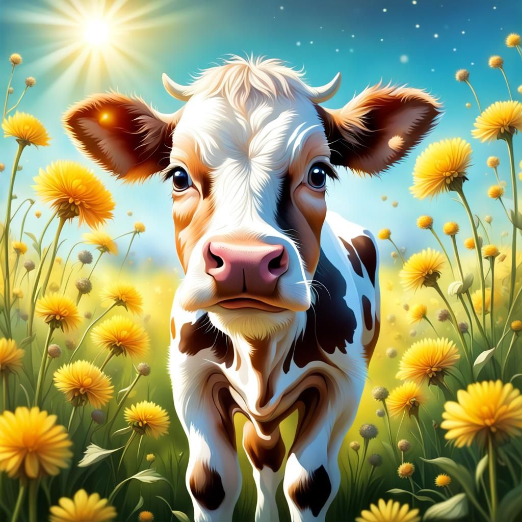 Cute Baby Cow in Dandelion Field
