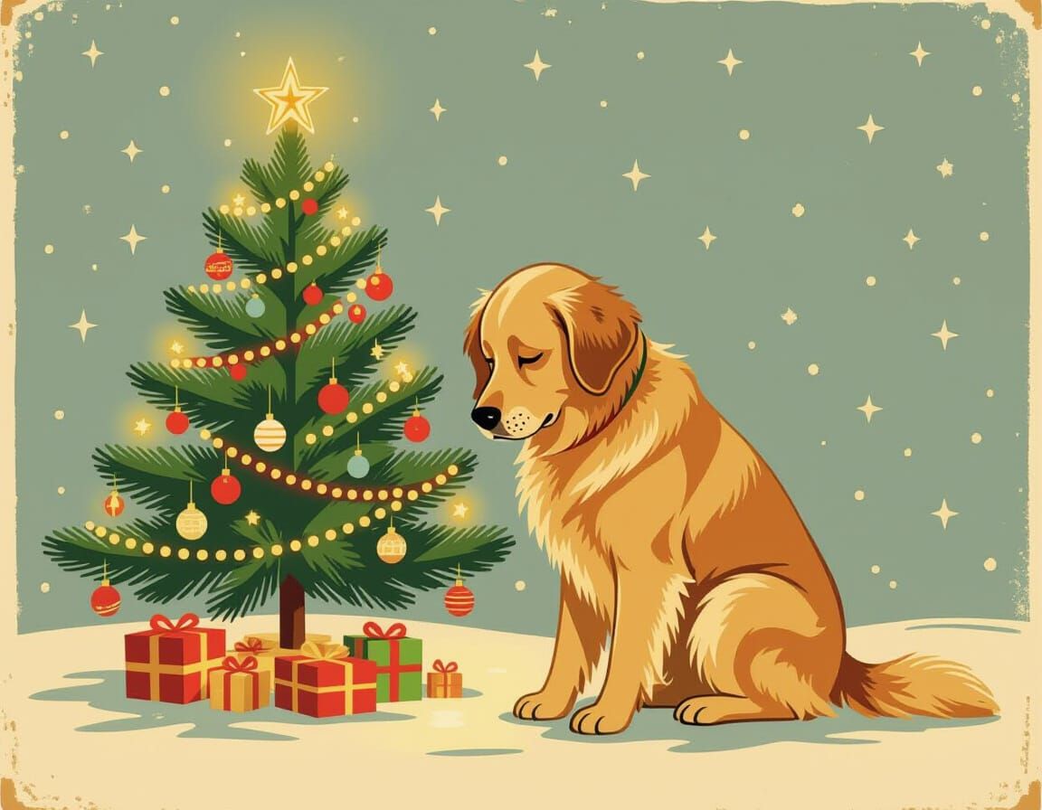 Lonely Golden Retriever by Vintage Christmas Tree Illustrati...