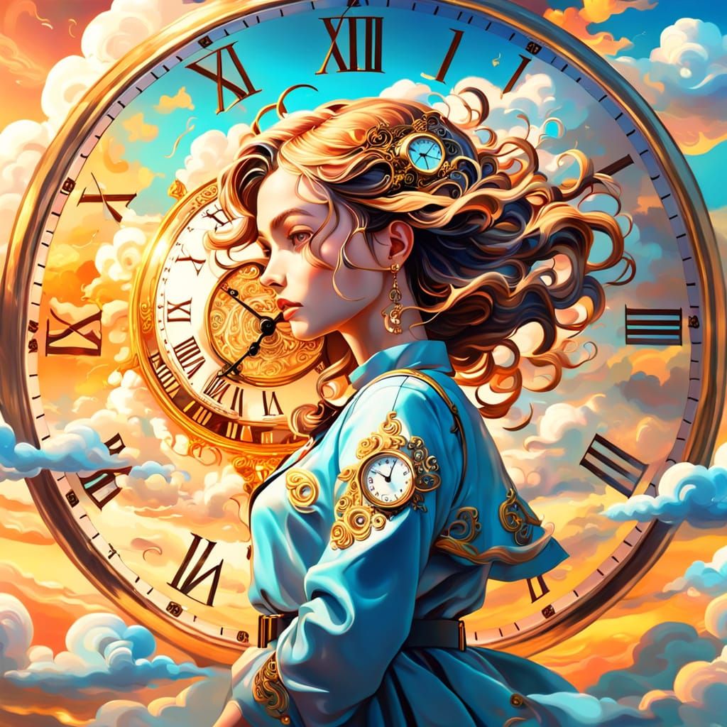 Surrealistic Oil Painting of a Beautiful Woman in Golden Hou...