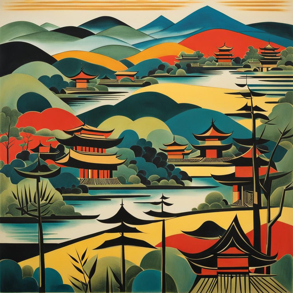Cubist Chinese Landscape in Japanese Ink Style