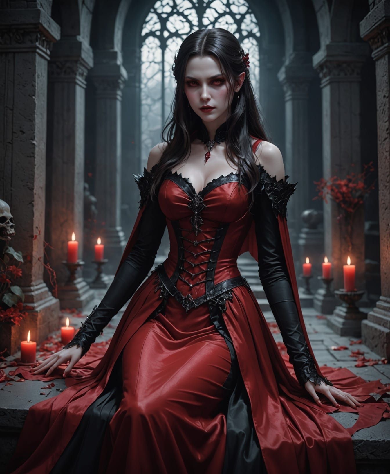 Vampire in a blood red gown in a tomb