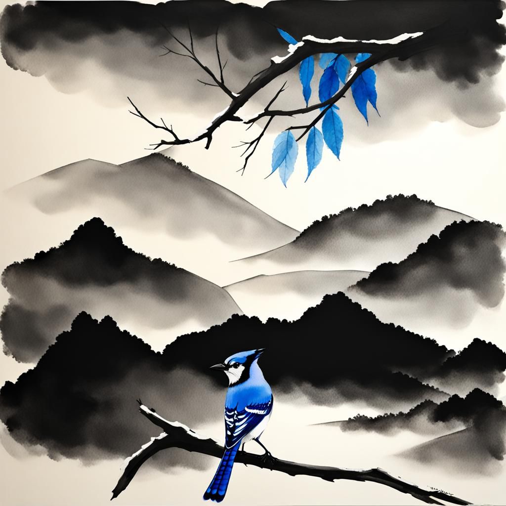 Blue Jay Portrait in Monochrome Sumi-e Style