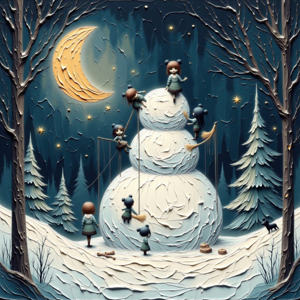 Tiny Elves Build Giant Snowman in Moonlit Forest
