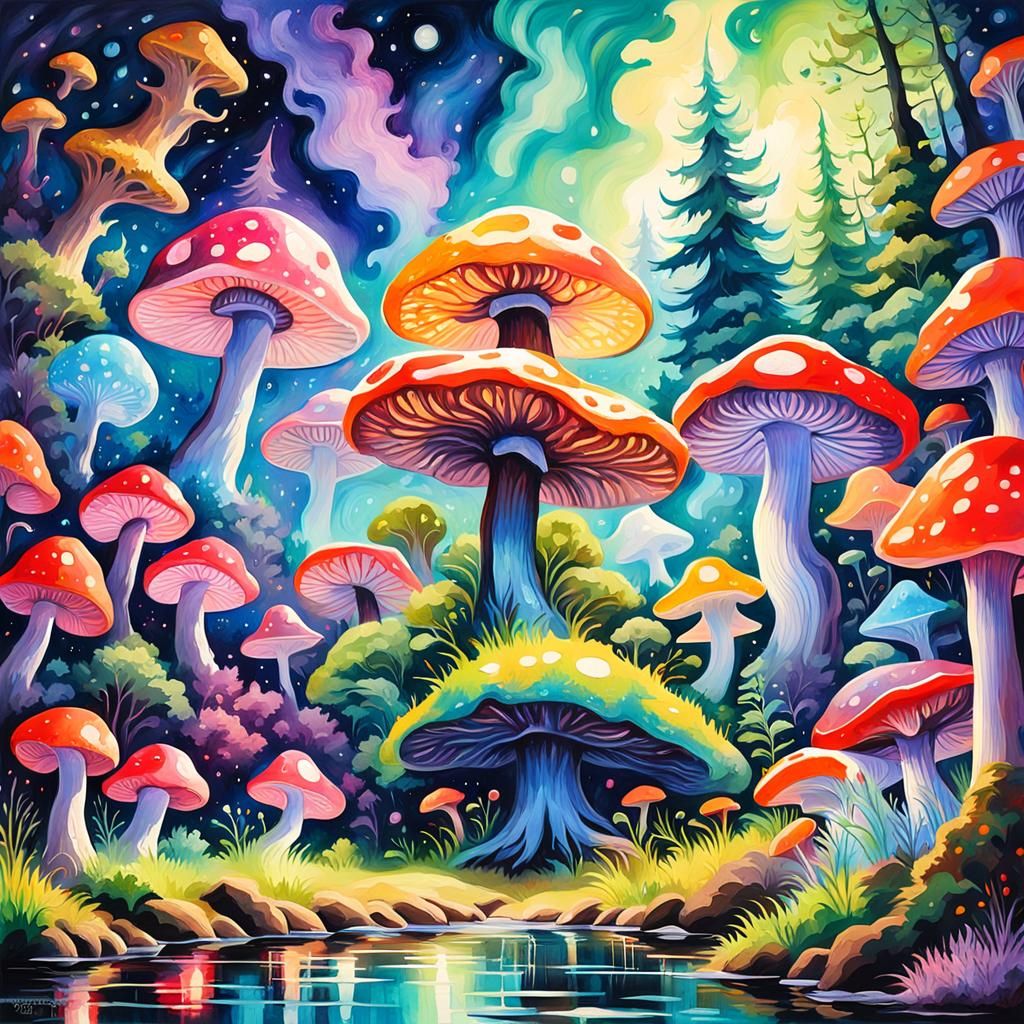 Ethereal Cosmic Mushroom Forest in Gouache Style