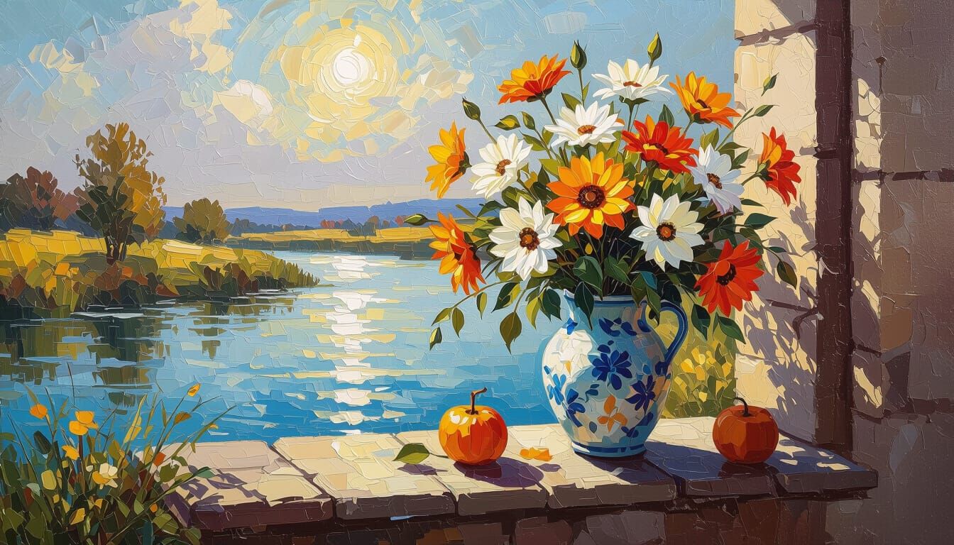 Impressionist Autumn Flowers by River in Oil