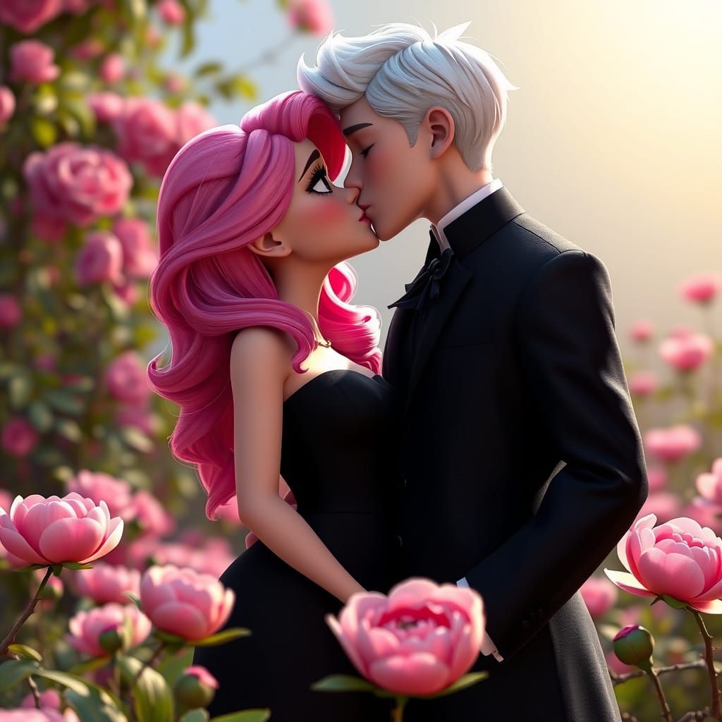 Romantic Kiss in Peony Garden in Disney Pixar Style