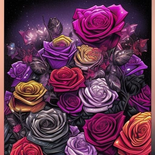 Colorful Glittering Roses in Comic Book Style