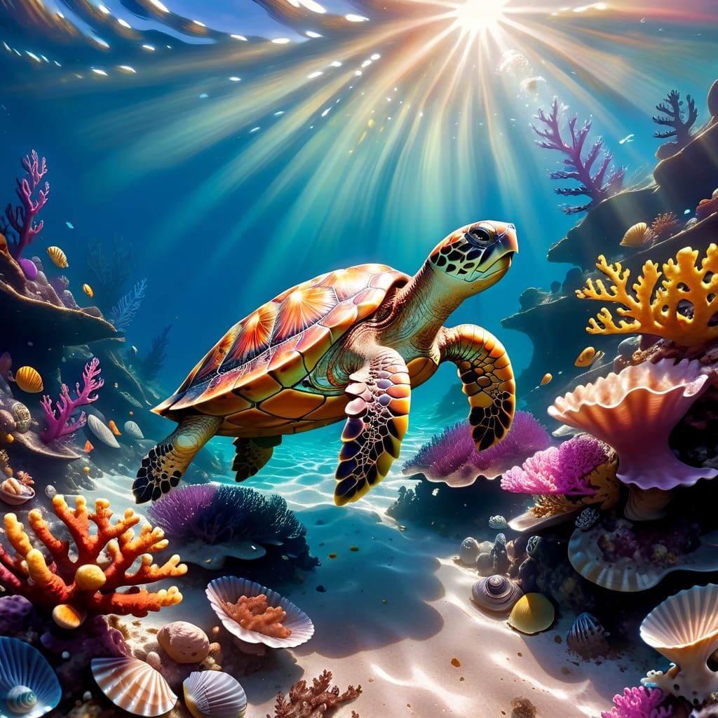 Iridescent Turtle Shimmers in Sunlit Sea