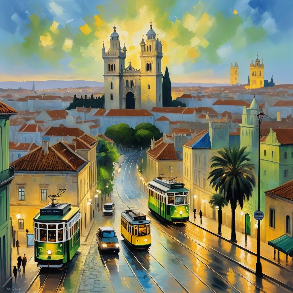 Lisbon Cityscape: Oil Painting with Electric Trams