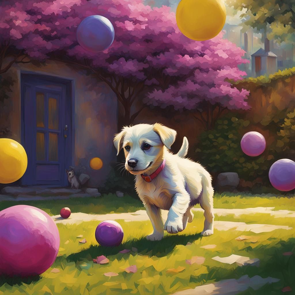 beautiful and tender stray dog puppy playing with a ball in a yard 8k resolution concept art by Greg Rutkowski volumet...