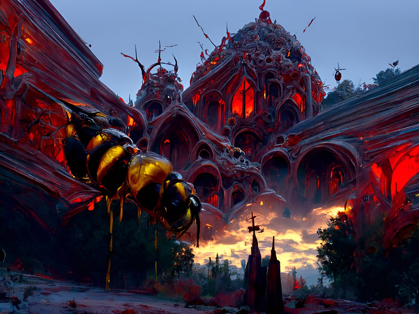 Evil Wasp Cathedral at Dusk: Sinister Architecture