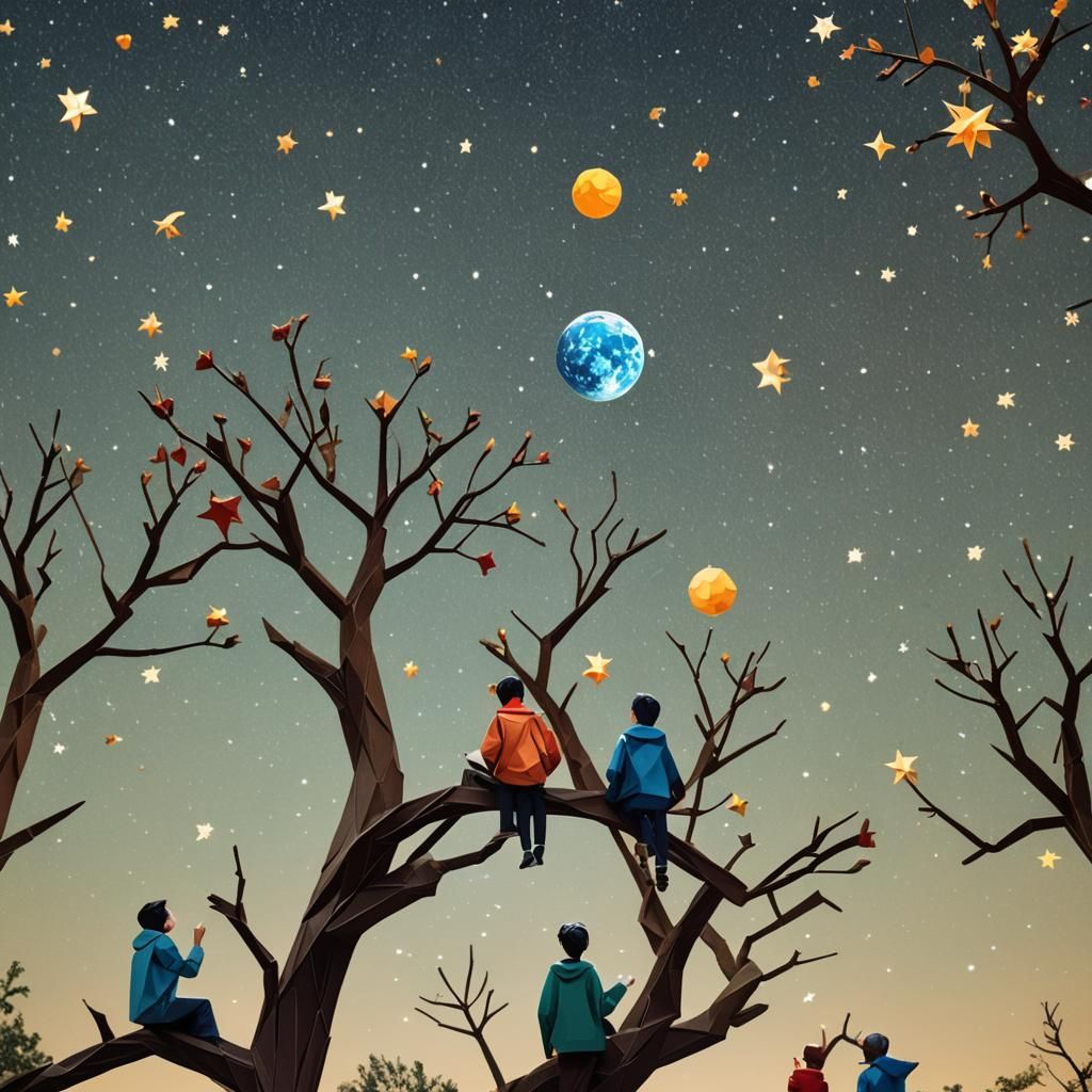 People in Tree Gazing at Starry Sky: Origami Style