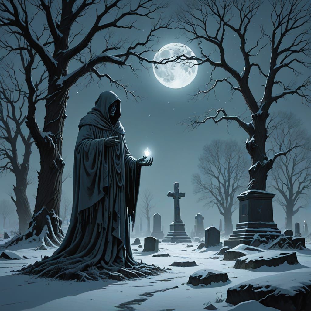 Ghostly Figure in Haunted Cemetery at Dusk