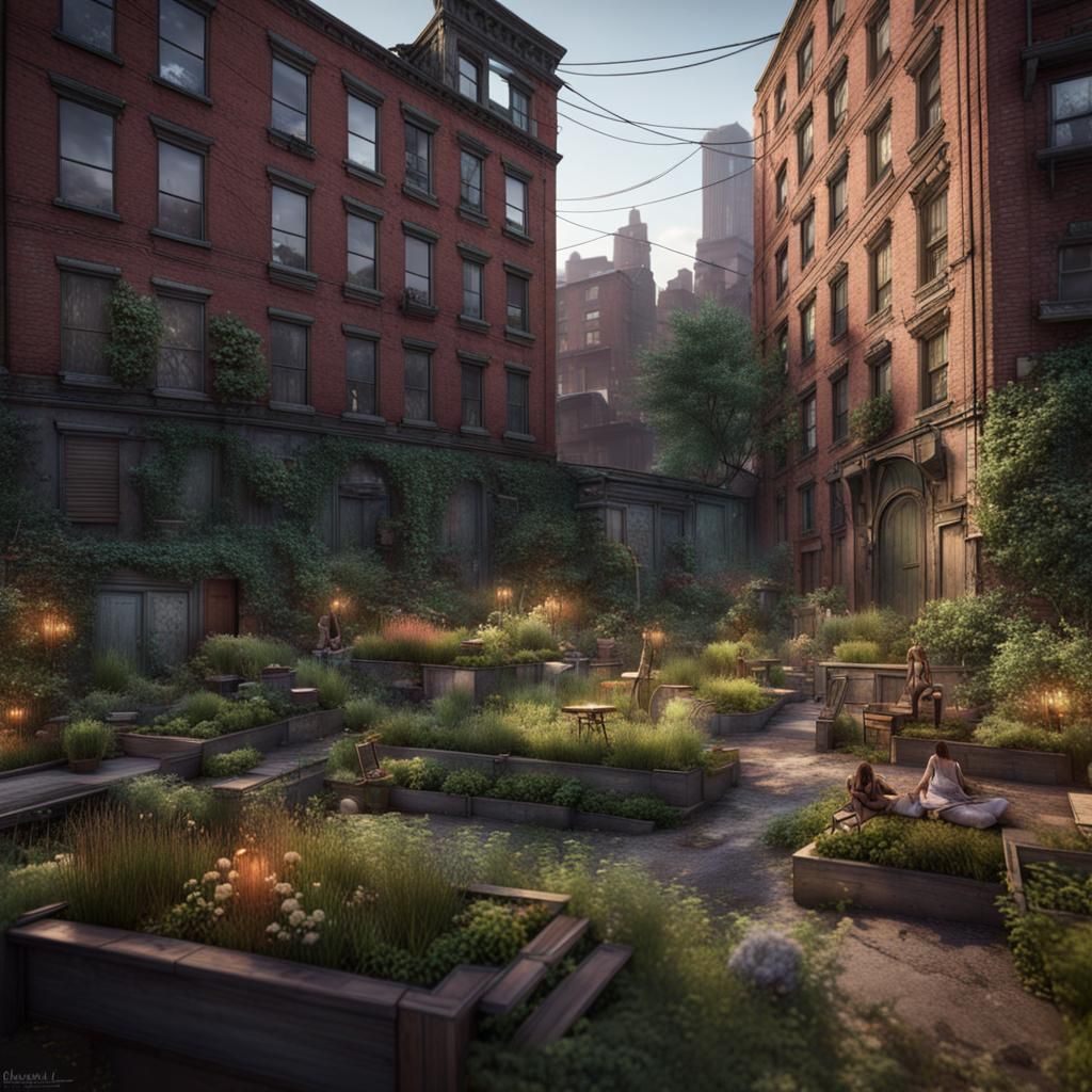 Urban Garden Matte Painting Between Tenements