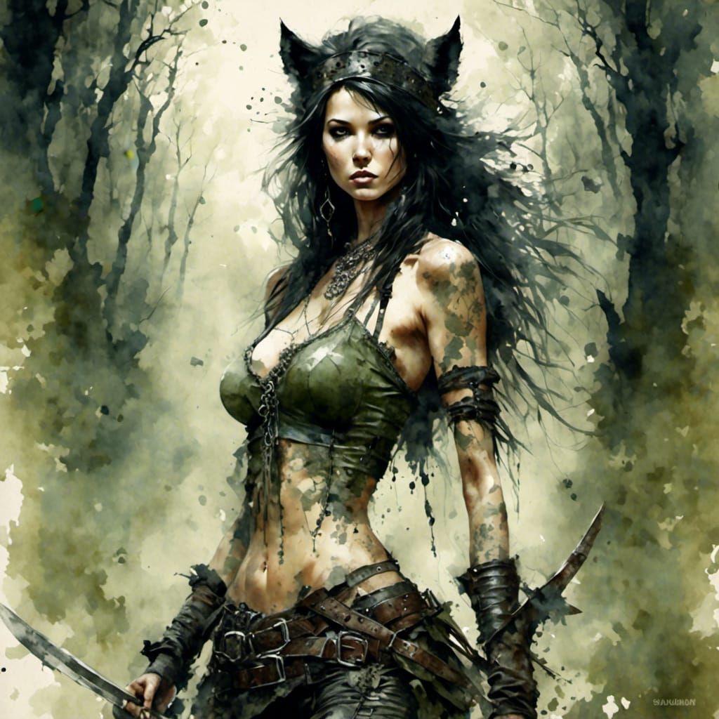 Stunning Warrior Vixen in Antique Watercolor Style
