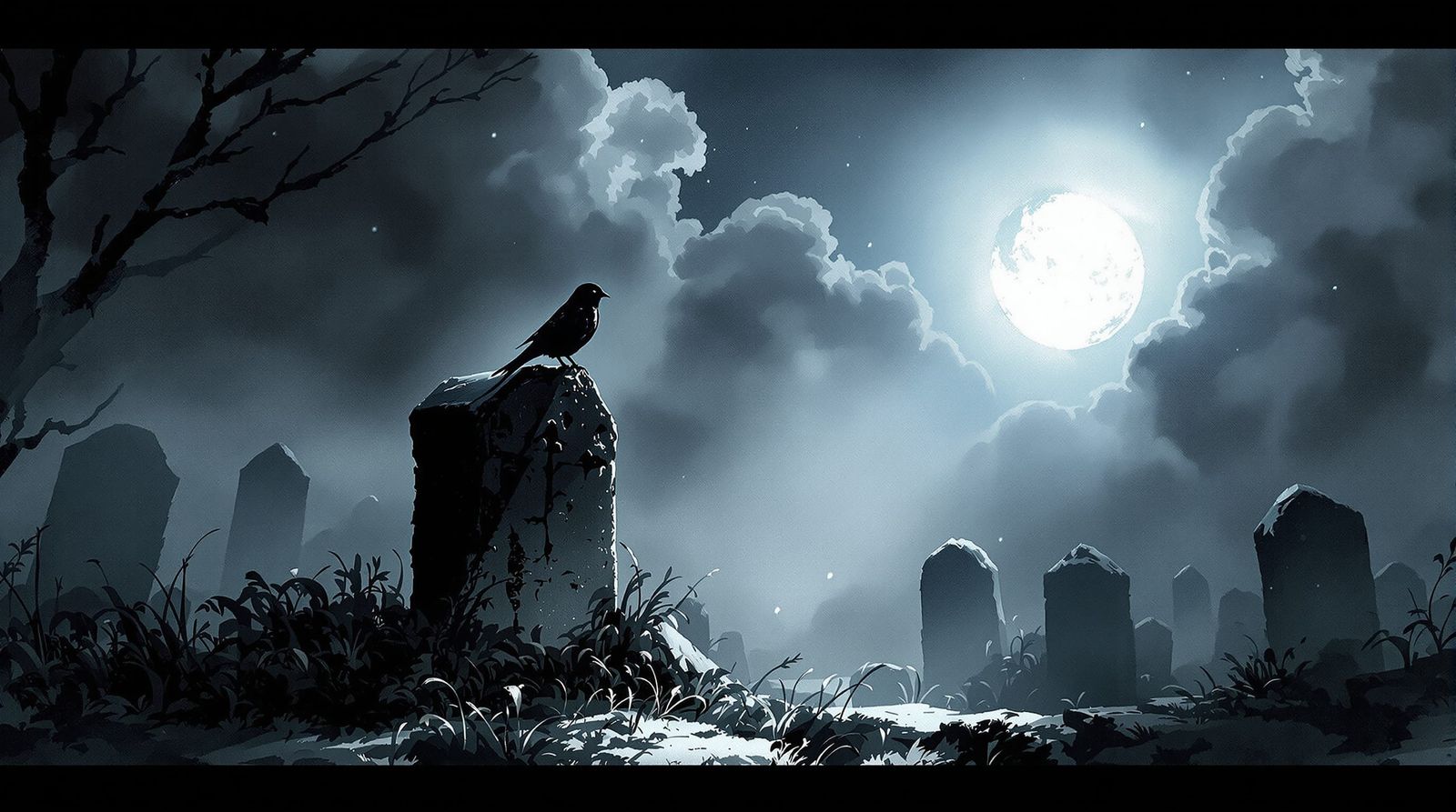 Ink Wash Painting: Finch on Tombstone in Misty Graveyard